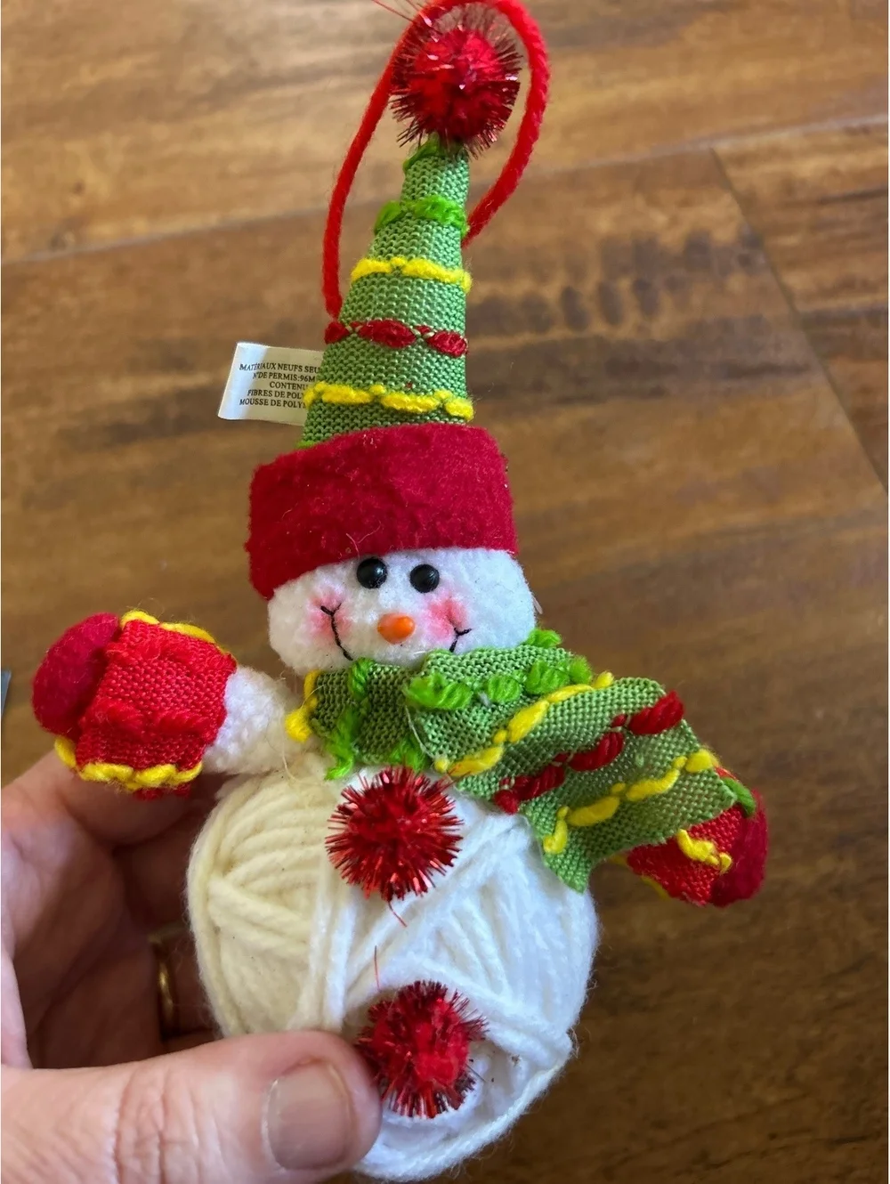 Handmade Christmas Snowman Ornament with Yarn Body and Festive Hat